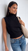 Black Sleeveless High Neck Knit Sweater