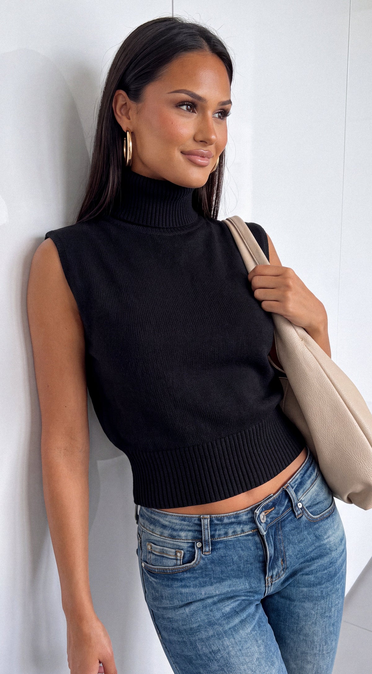 Black Sleeveless High Neck Knit Sweater