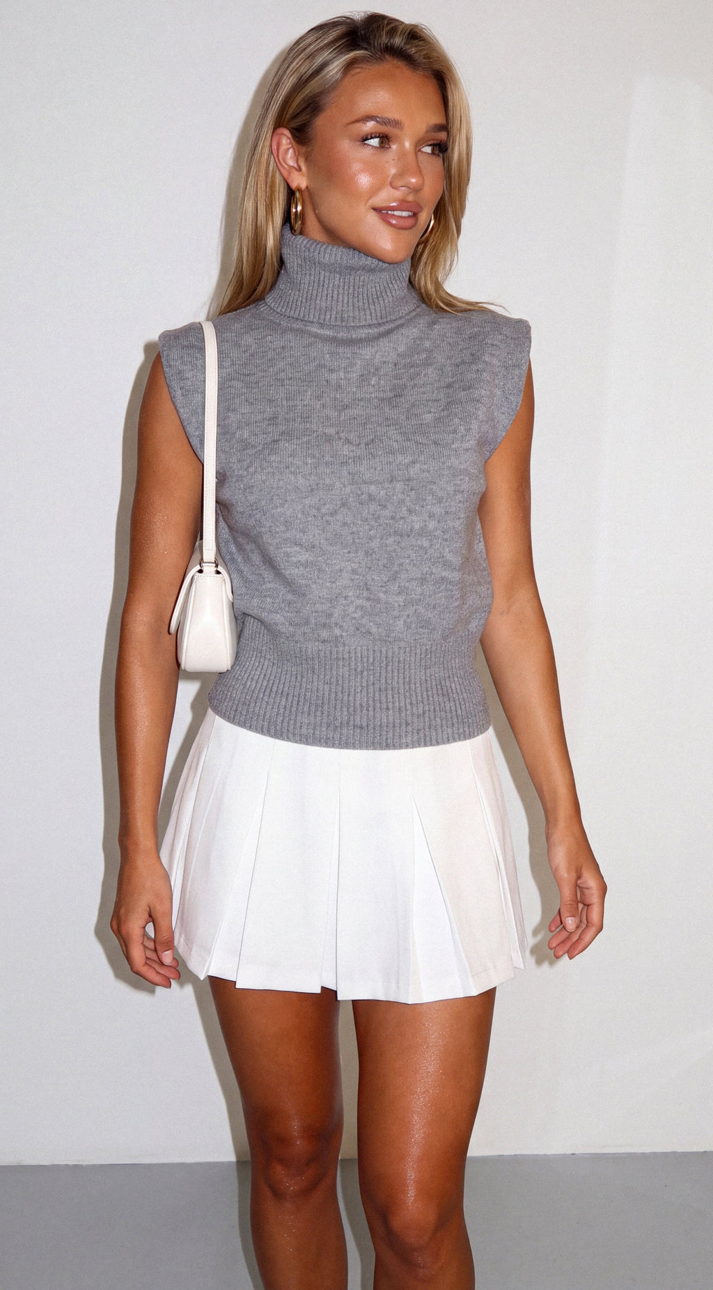 Gray Sleeveless High Neck Knit Sweater