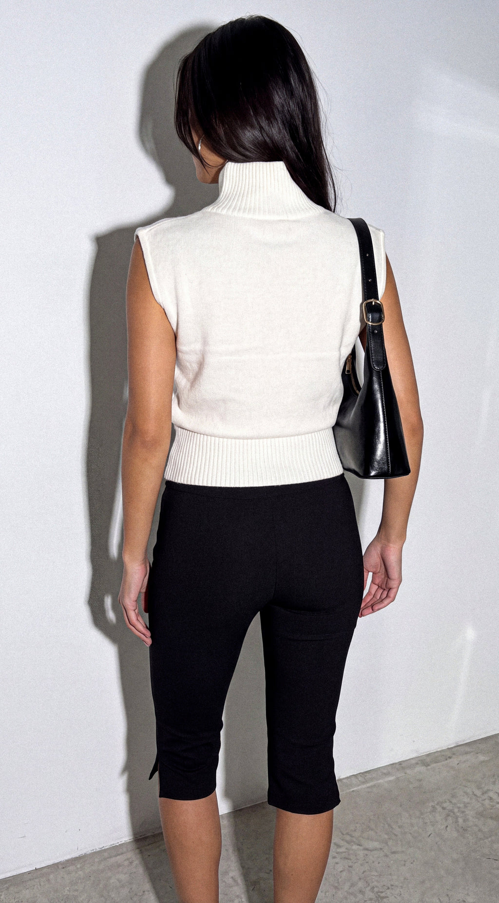Cream White Sleeveless High Neck Knit Sweater