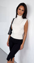 Cream White Sleeveless High Neck Knit Sweater