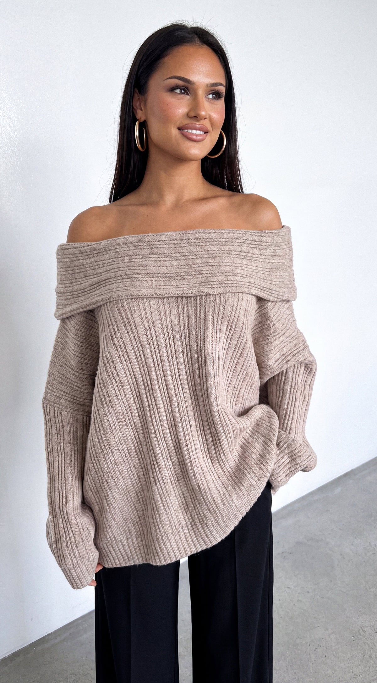 Taupe Beige Oversized Ribbed Off Shoulder Sweater