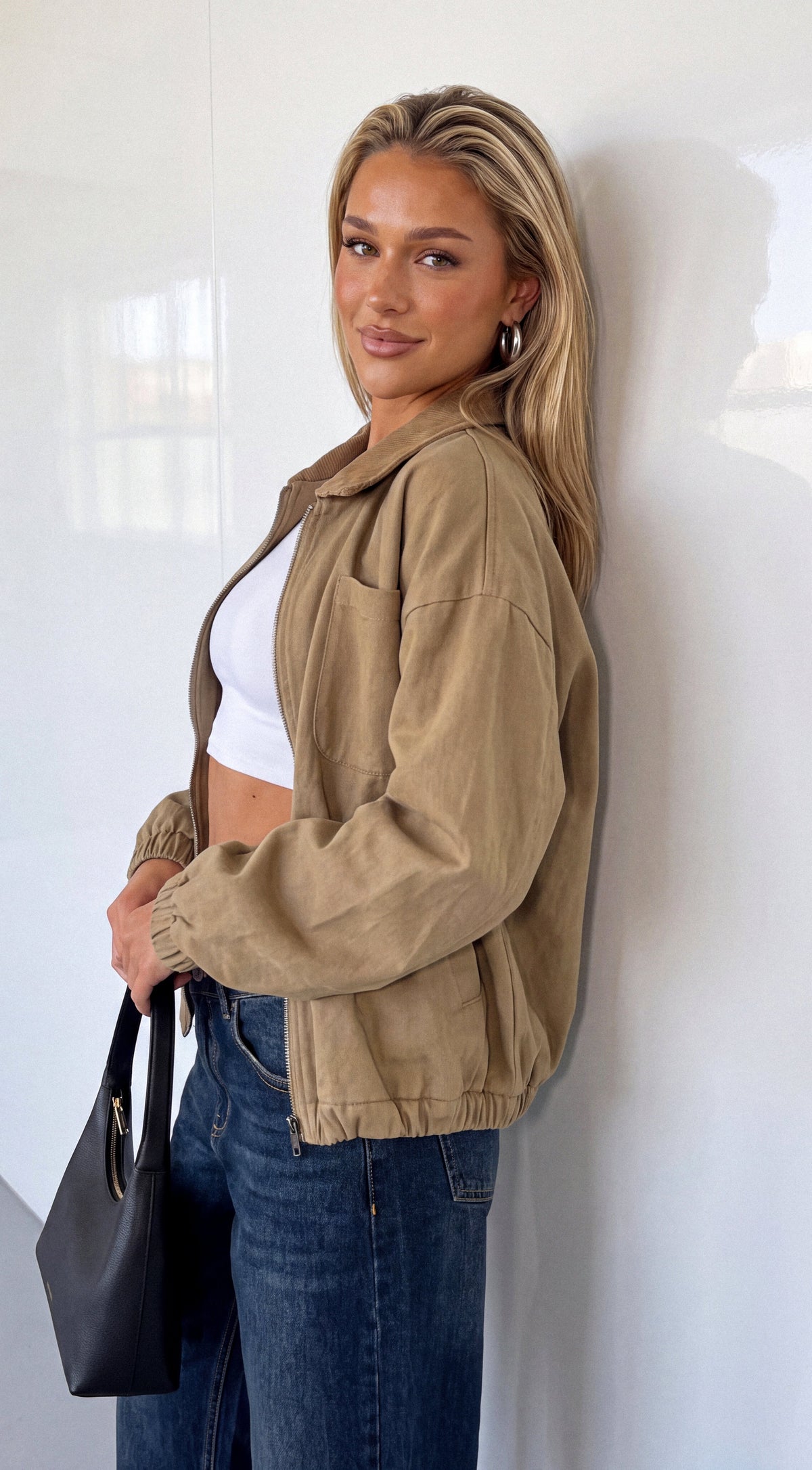 Beige Khaki Collar Zip Jacket