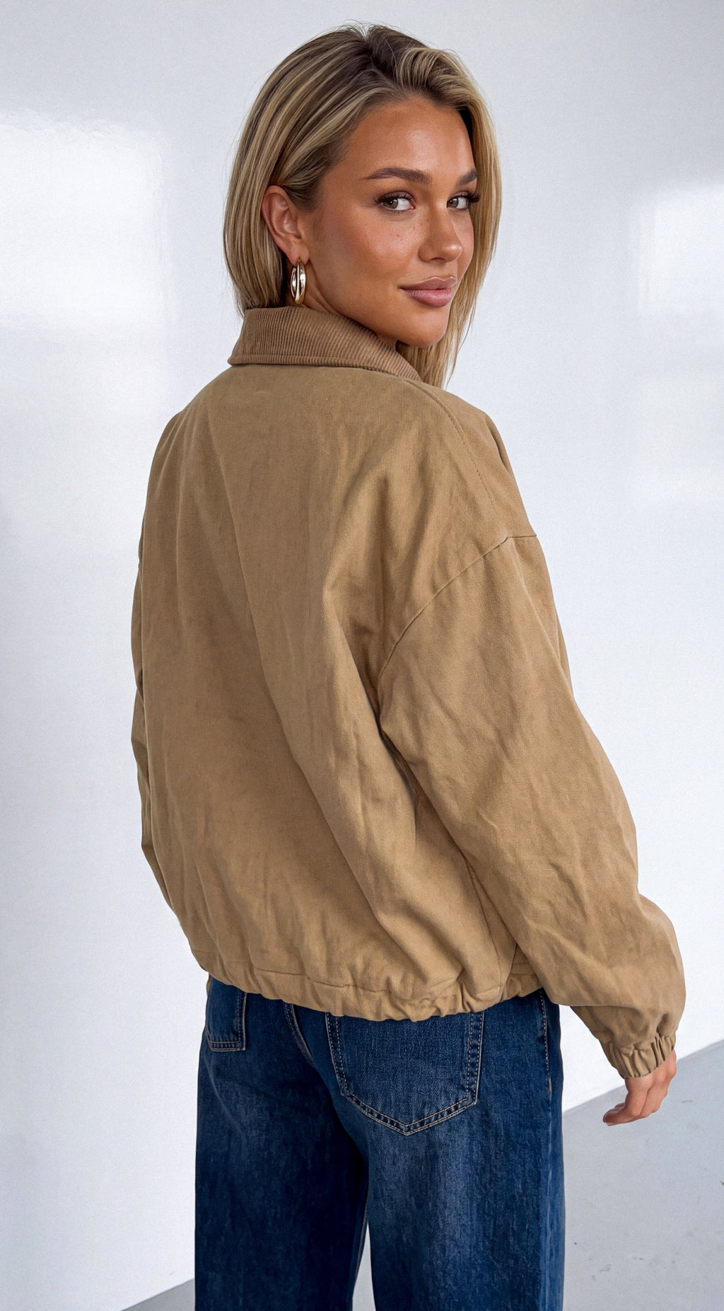 Beige Khaki Collar Zip Jacket