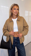 Beige Khaki Collar Zip Jacket