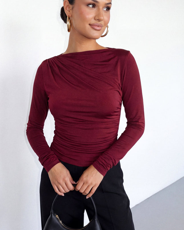Burgundy Asymmetrical Ruched Long Sleeve Top