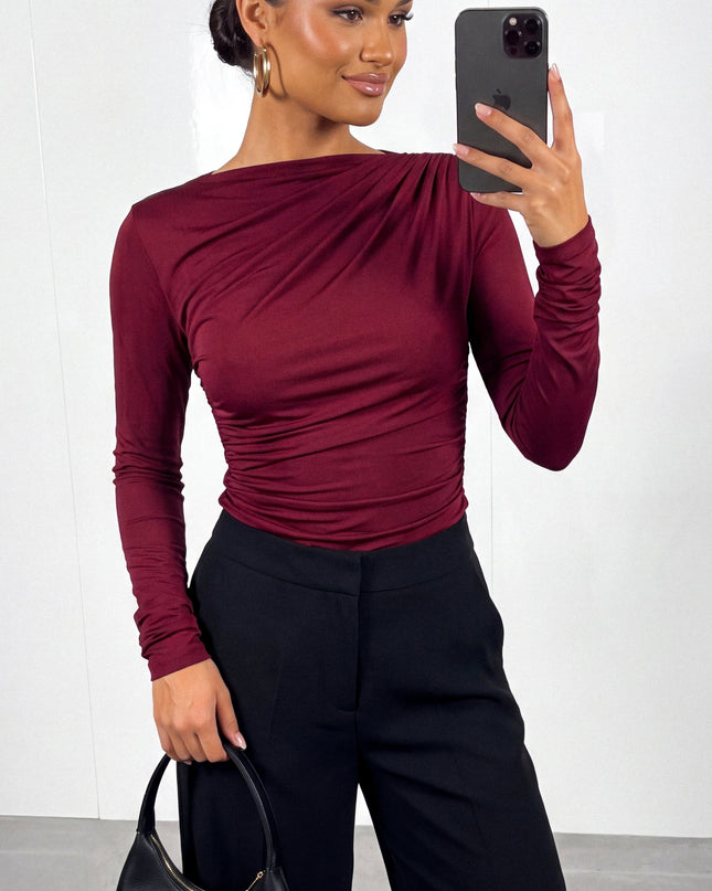 Burgundy Asymmetrical Ruched Long Sleeve Top