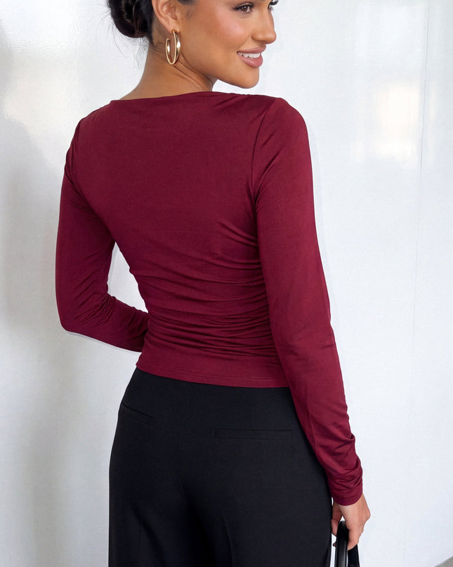 Burgundy Asymmetrical Ruched Long Sleeve Top