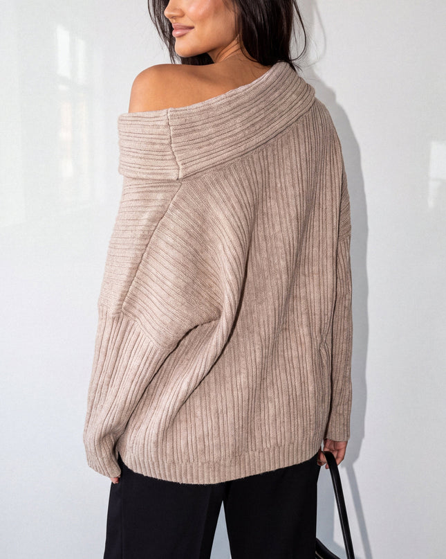 Taupe Beige Oversized Ribbed Off Shoulder Sweater