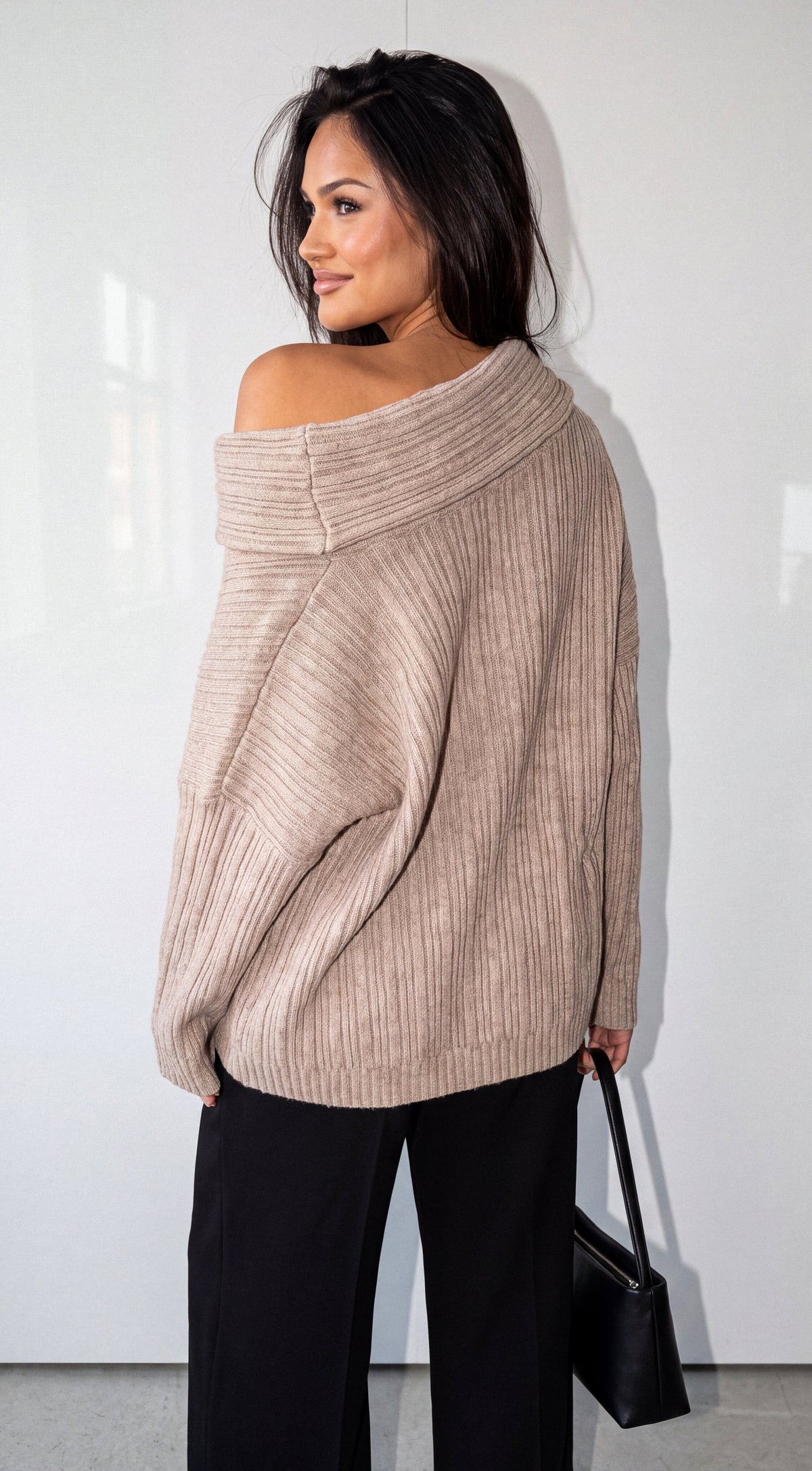 Taupe Beige Oversized Ribbed Off Shoulder Sweater