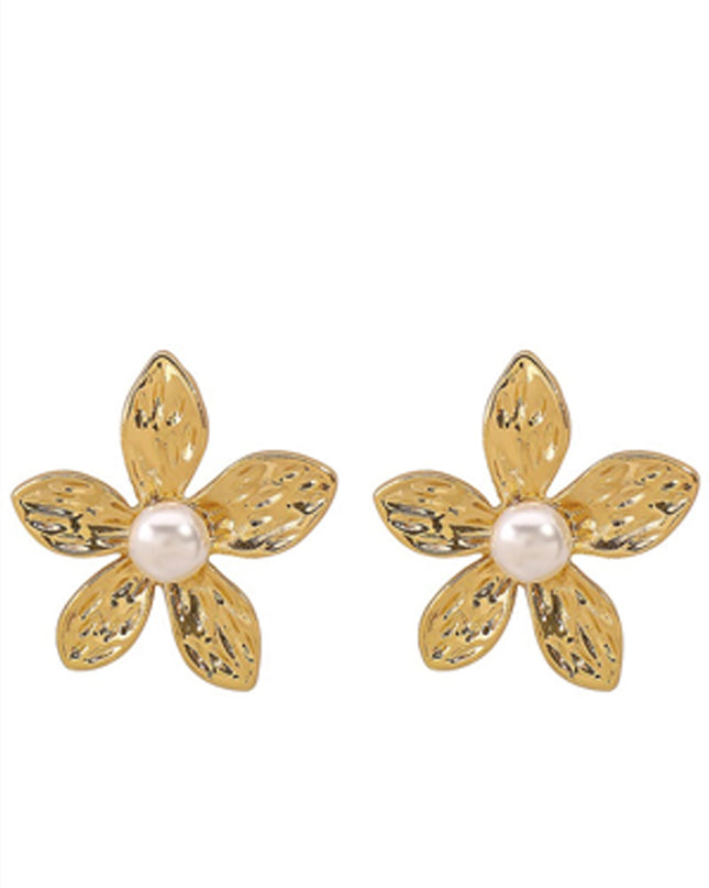 Gold Pearl Metal Floral Stud Earrings