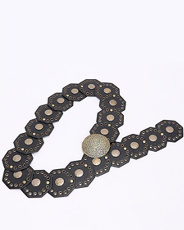 Black Silver Disc Faux Leather Boho Western Waist Belt