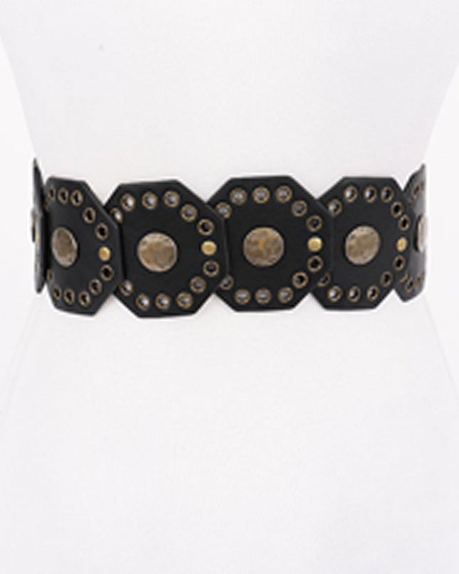 Black Silver Disc Faux Leather Boho Western Waist Belt