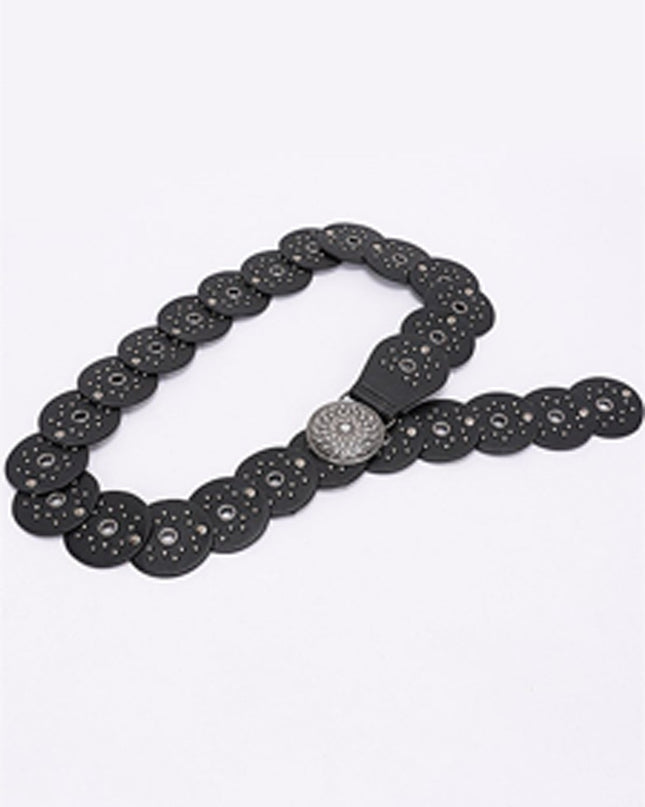 Black Silver Disc Faux Leather Boho Western Waist Belt