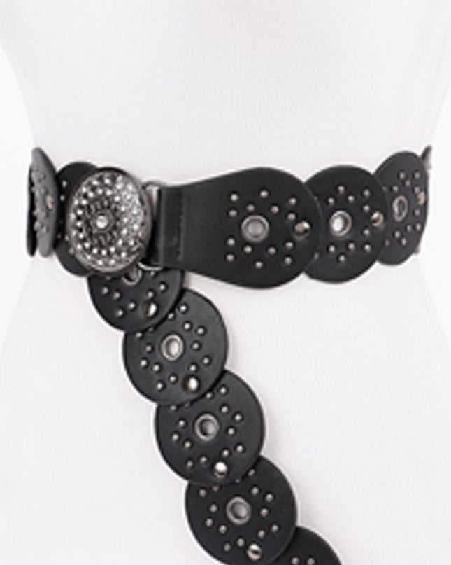 Black Silver Disc Faux Leather Boho Western Waist Belt