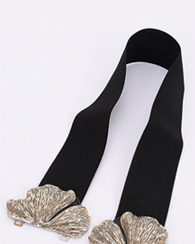 Black Flower Gold Metal Buckle Elastic Belt