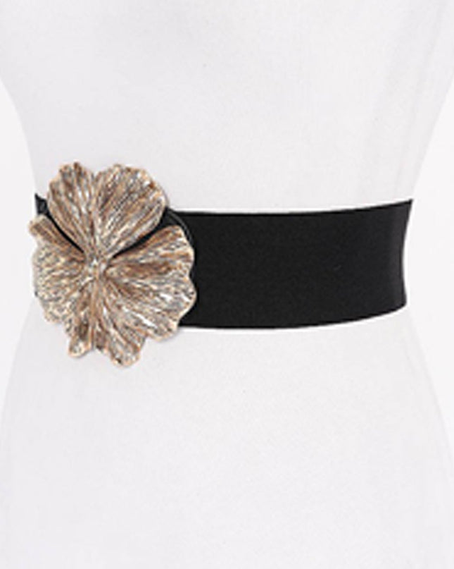 Black Flower Gold Metal Buckle Elastic Belt