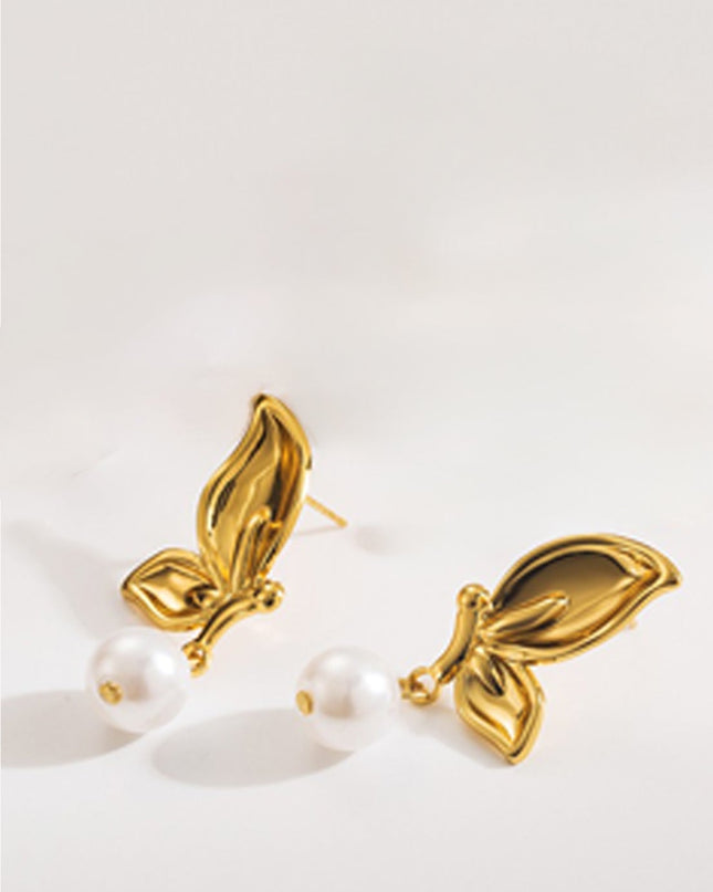 Gold Flower Pearl Drop Dangle 18K Earrings