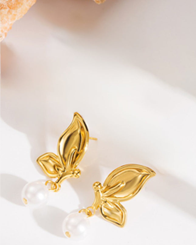 Gold Flower Pearl Drop Dangle 18K Earrings