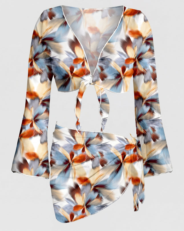 Blue Multi Floral Print Bikini Cover-Up Set
