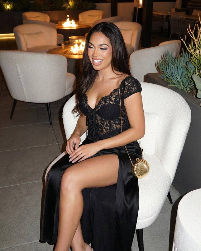 Black Lace Satin Maxi Dress
