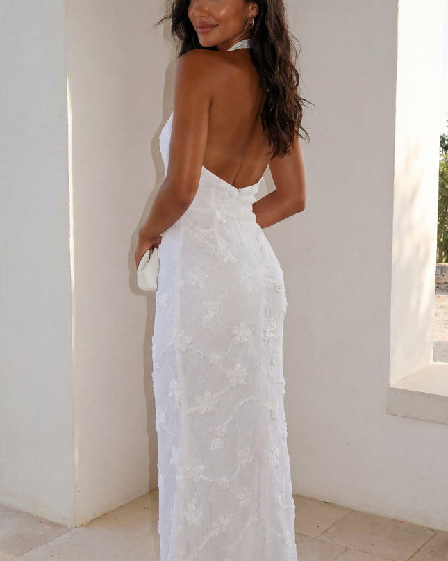 White Embroidered Halter Maxi Dress