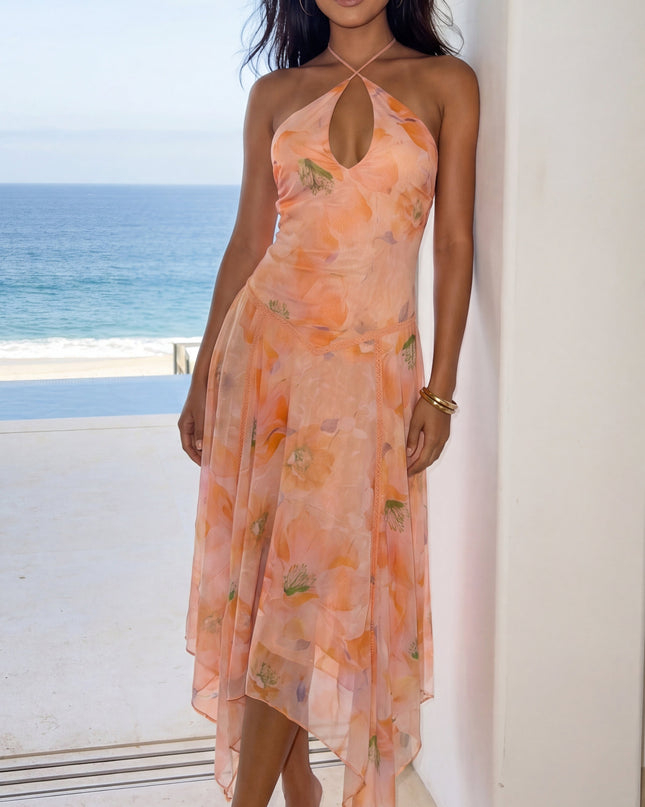 Orange Multi Floral Halter Asymmetric Midi Dress