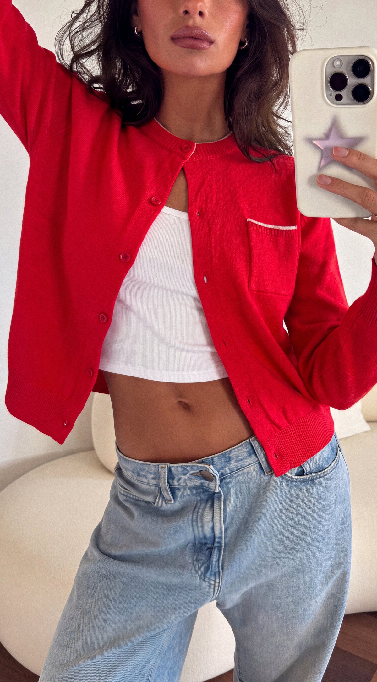 Red Contrast Trim Knit Cardigan
