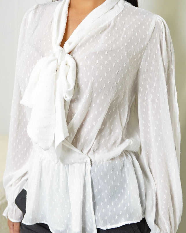 White Dot Front Tie Blouse Top