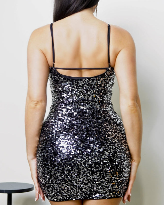 Black Silver Halter Sequin Mini Dress