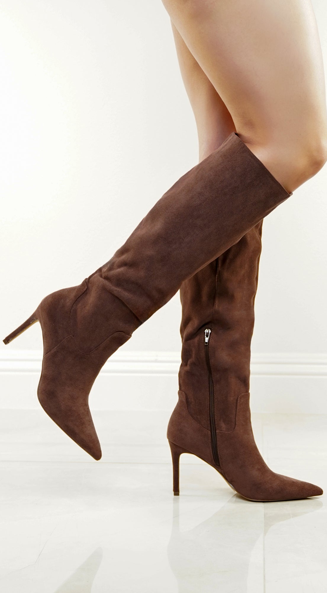 Brown Faux Suede Pointed Toe Boots
