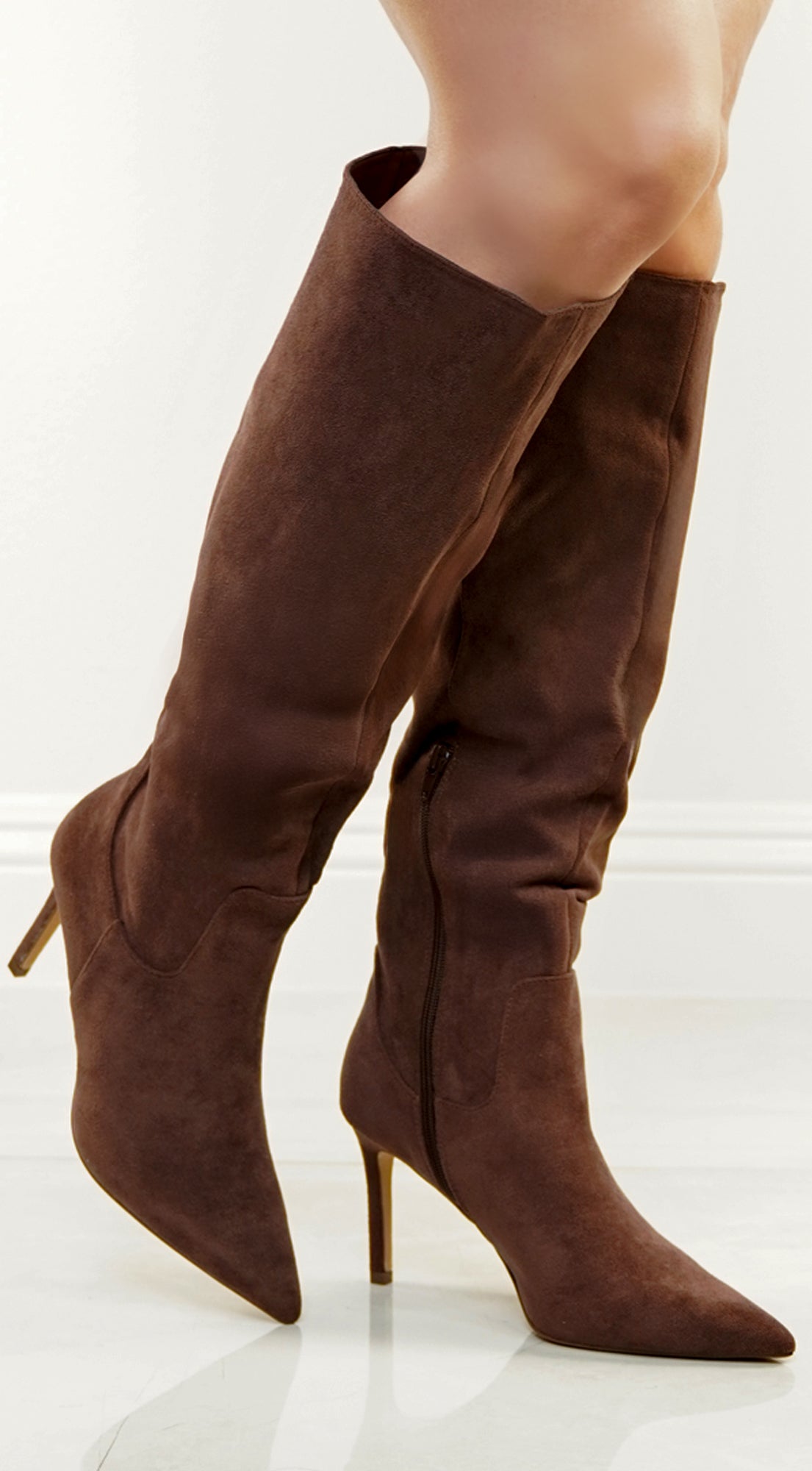Brown Faux Suede Pointed Toe Boots