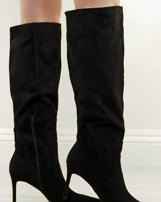Black Faux Suede Pointed Toe Boots