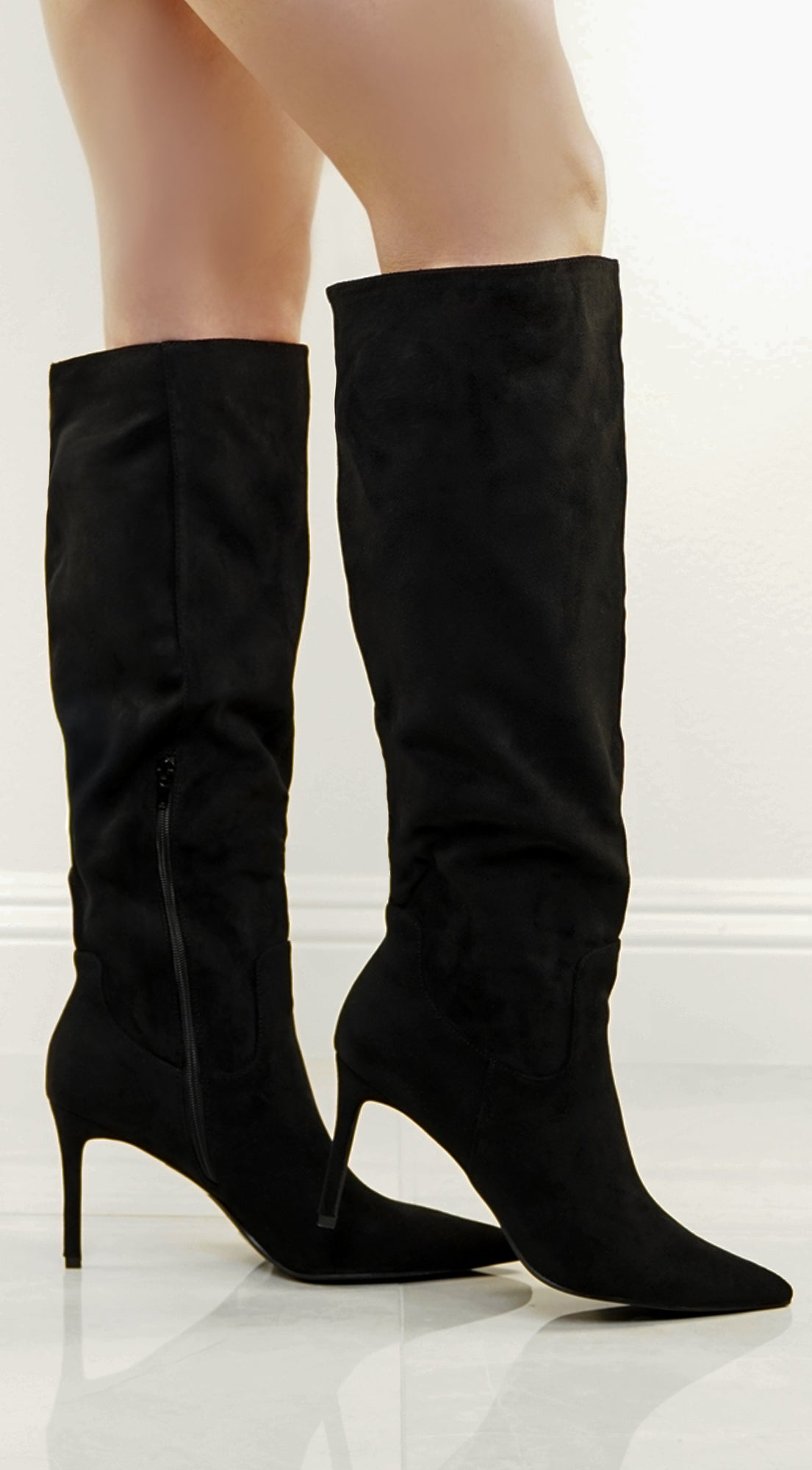 Black Faux Suede Pointed Toe Boots
