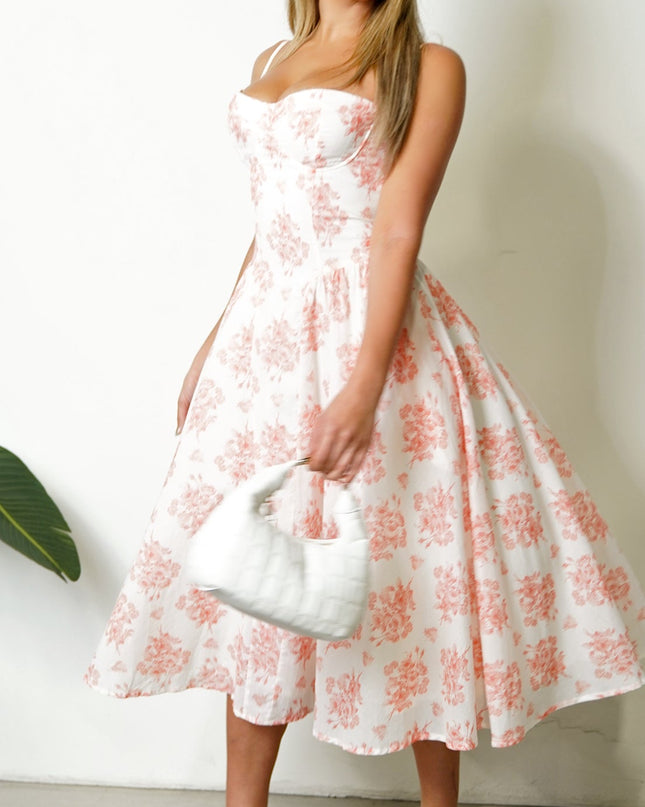 White Orange Floral Flare Midi Dress