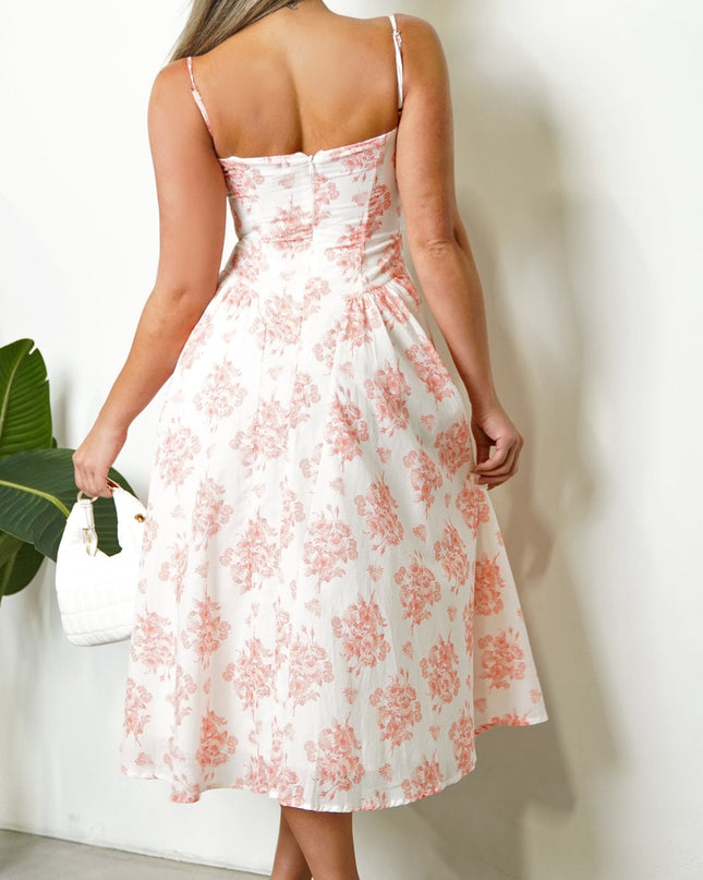 White Orange Floral Flare Midi Dress