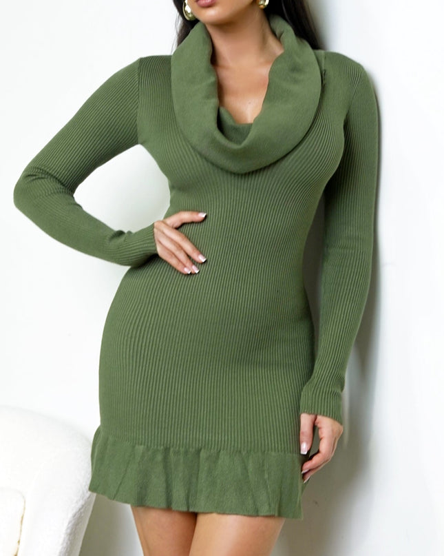 Green Cowl Neck Ribbed Mini Dress