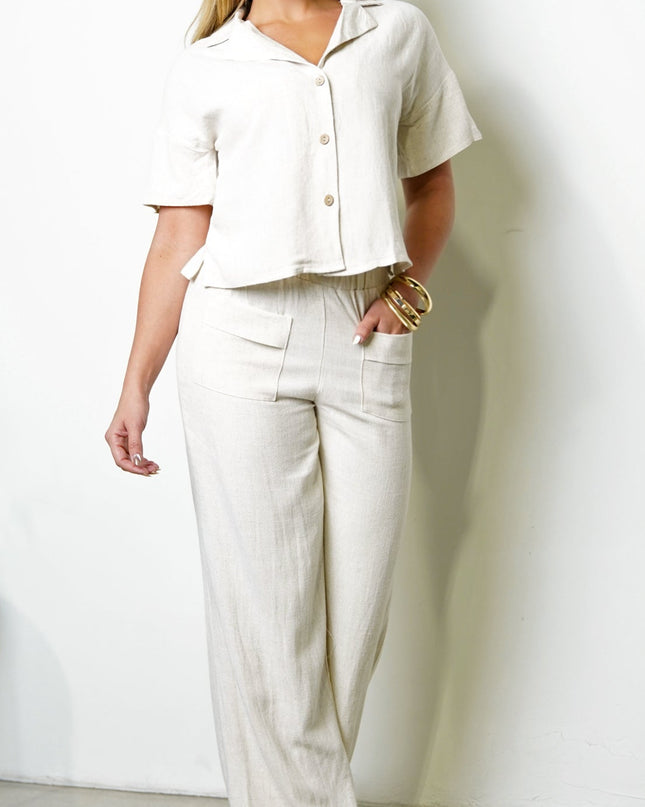 Beige Front Button Down Linen Set