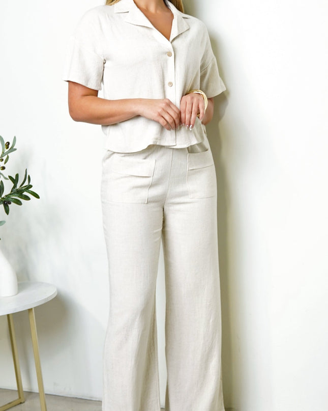 Beige Front Button Down Linen Set