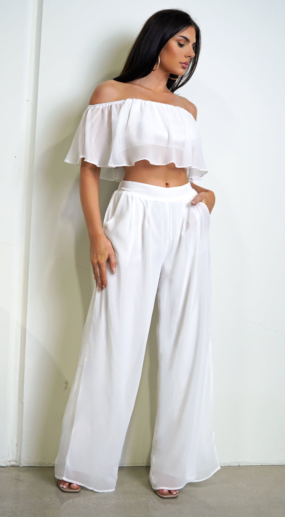 White Off Shoulder Wide Leg Pant Set