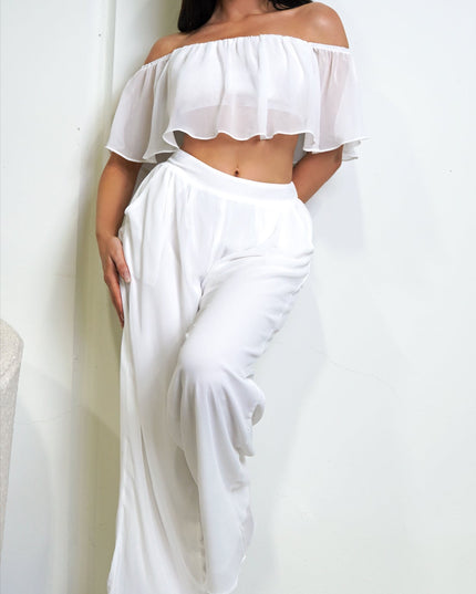 White Off Shoulder Wide Leg Pant Set