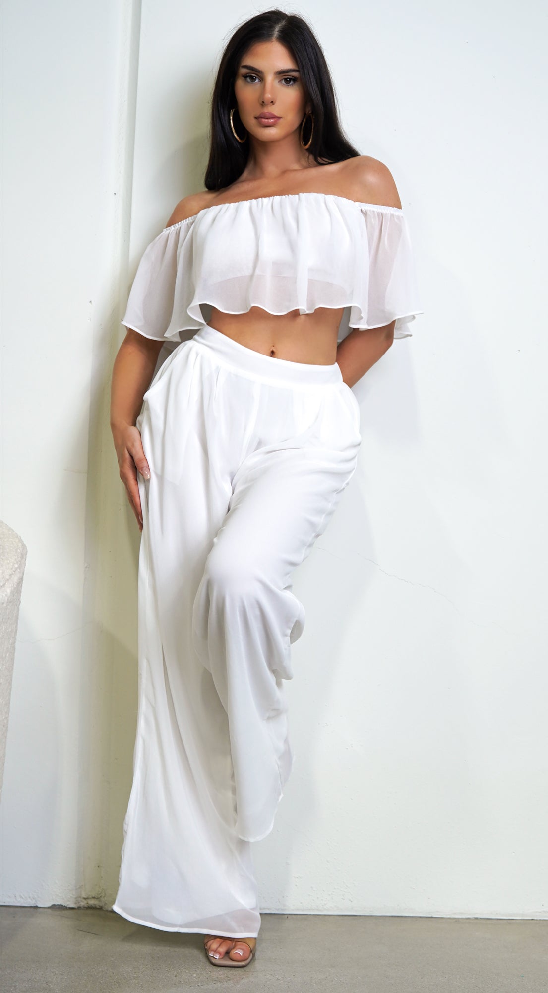 White Off Shoulder Wide Leg Pant Set