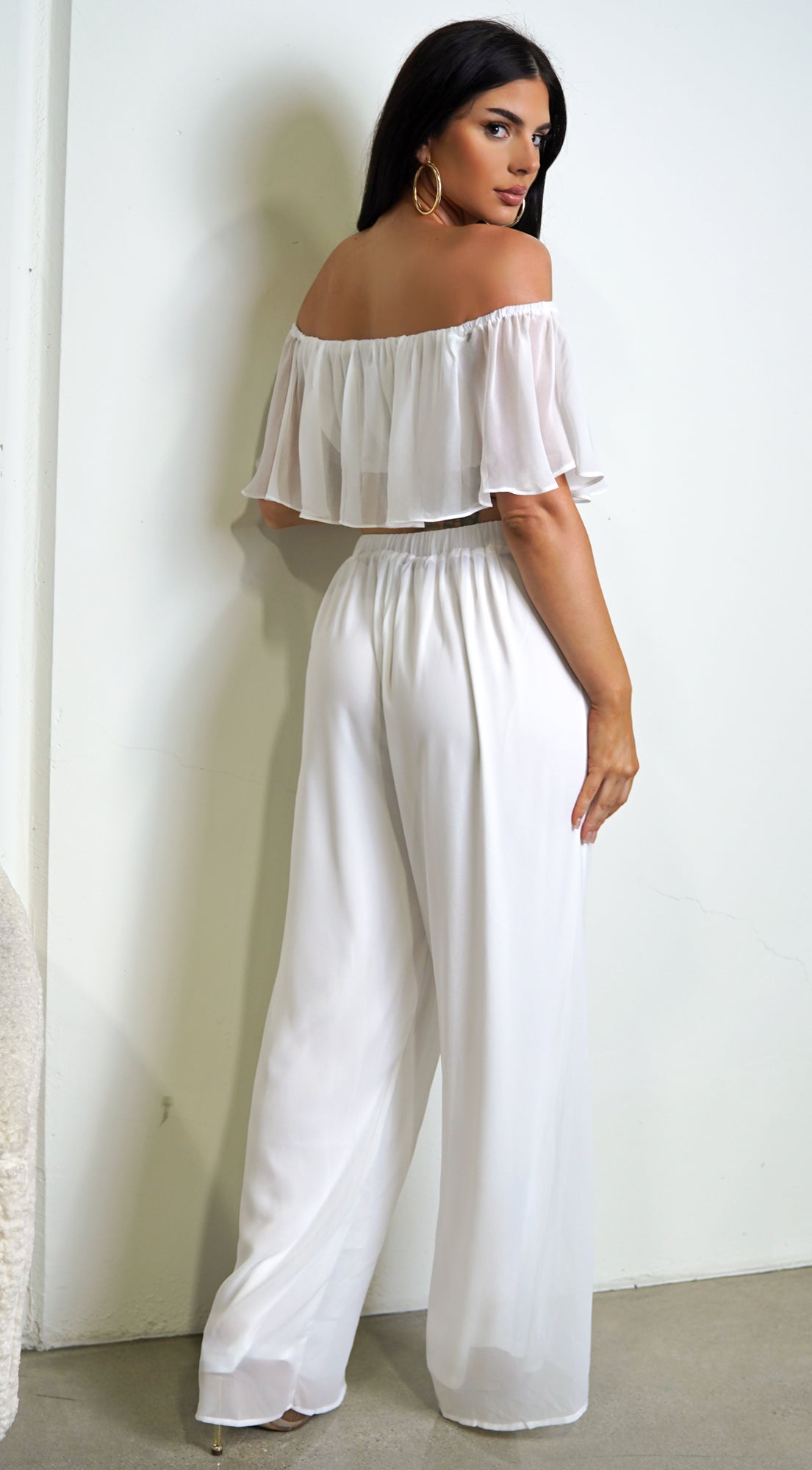 White Off Shoulder Wide Leg Pant Set