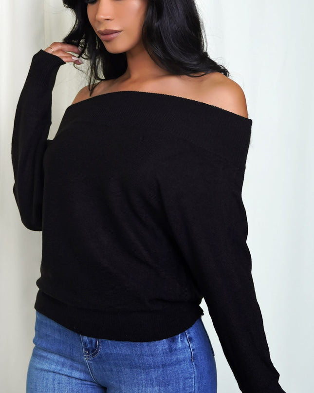 Black Off Shoulder Dolman Sleeve Sweater Top