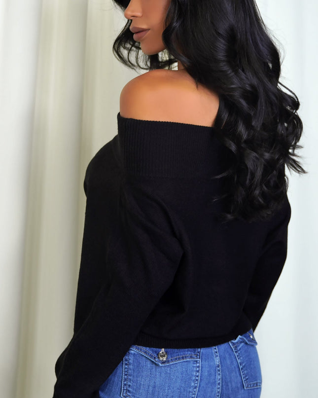 Black Off Shoulder Dolman Sleeve Sweater Top
