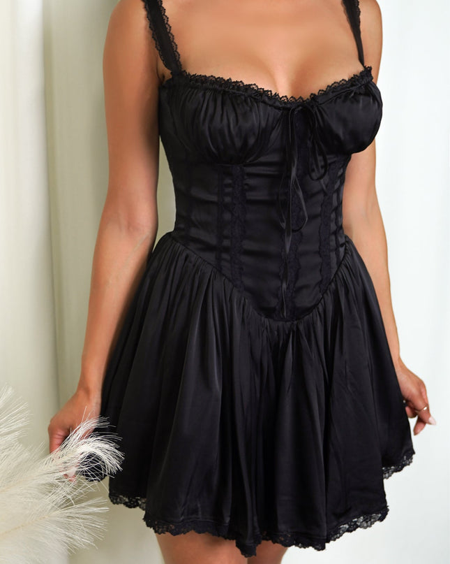 Black Satin Corset A-Line Mini Dress
