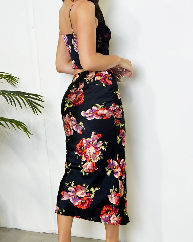 Black Red Rose Floral Print Lace Satin Set