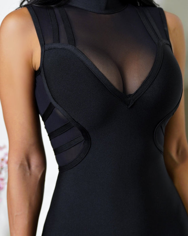 Black High Neck Mesh Bandage Dress