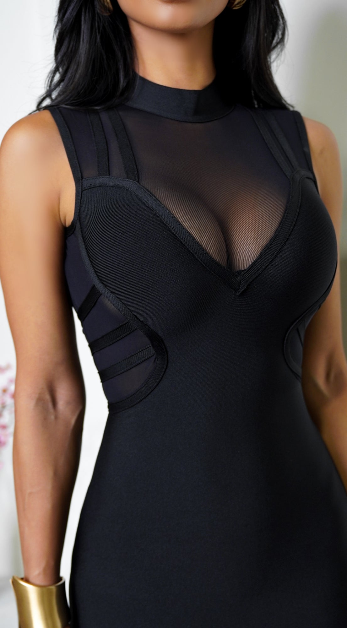 Black High Neck Mesh Bandage Dress