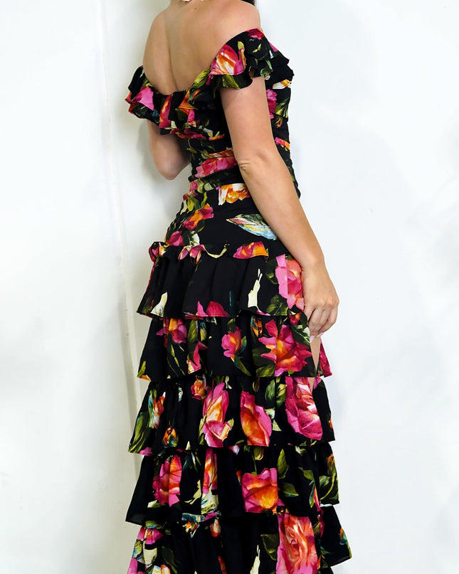 Black Floral Off Shoulder Ruffle Tier Maxi Dress